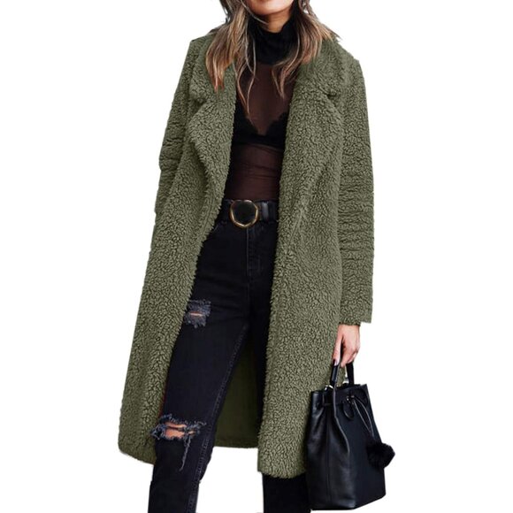Women's Army Green  Fleece Lapel Open Front Long Cardigan Coat Fur Warm Winter - Picture 1 of 7
